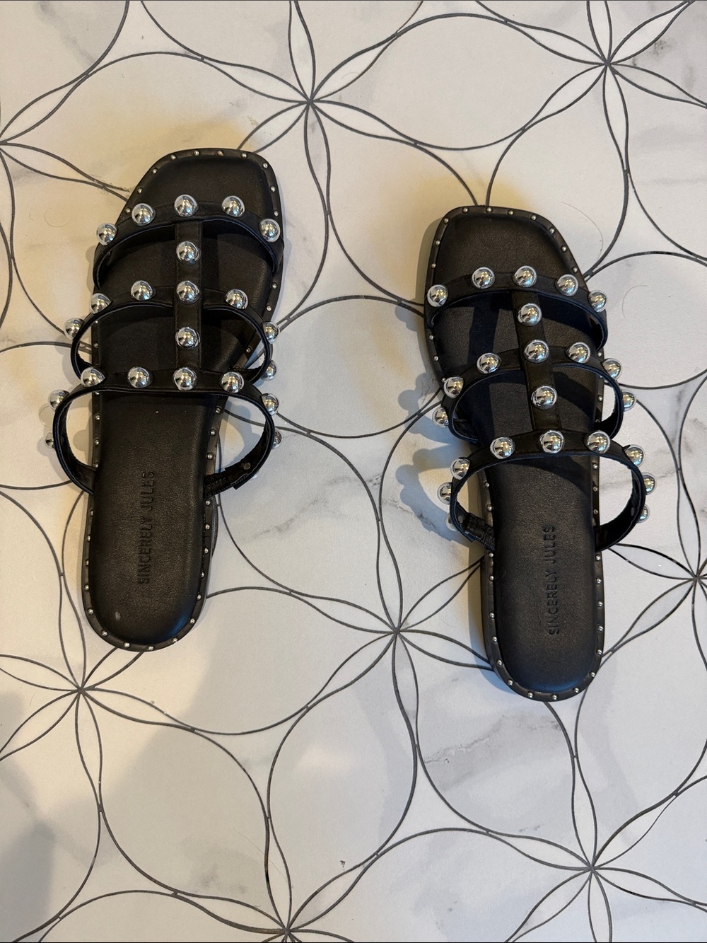 Sincerely Jules Black Slide Sandals with Silver Studs